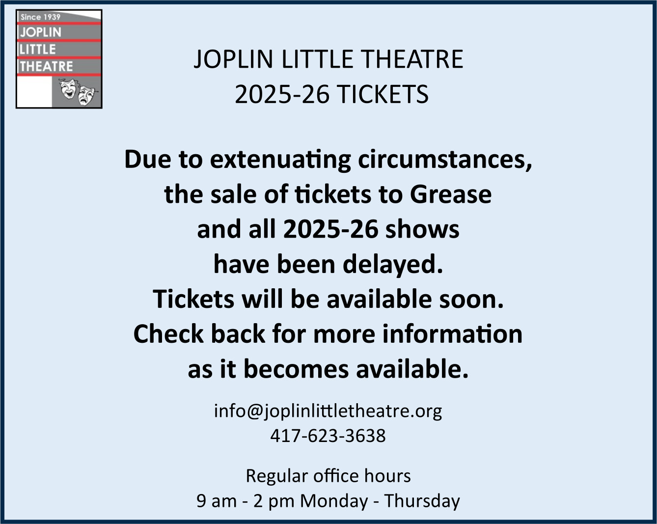 Last call to purchase Joplin Little Theatre 2025-26 season tickets! Click here!